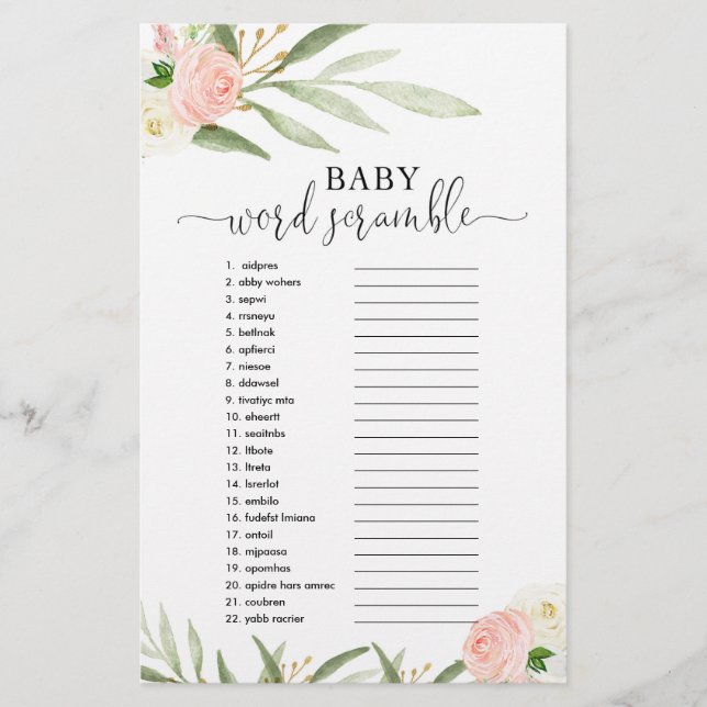 Bébé mot scramble baby shower jeu vert rose (Devant)