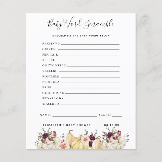 Bébé Mot Scramble | Jeu Baby shower (Devant)