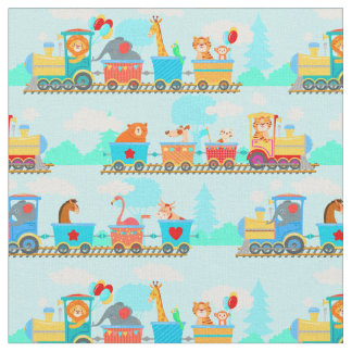Bébé Moteur à vapeur Animaux Train sur tissu bleu