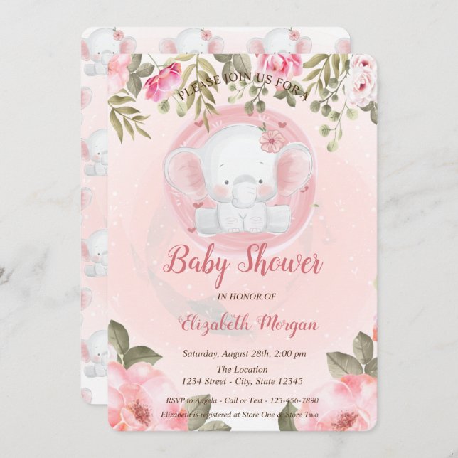 Bébé mou Eléphant Floral Baby shower Invitation (Devant / Derrière)
