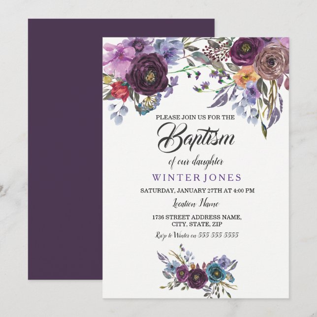 Bébé mou Floral d'hiver fille Baptême Invitation (Devant / Derrière)