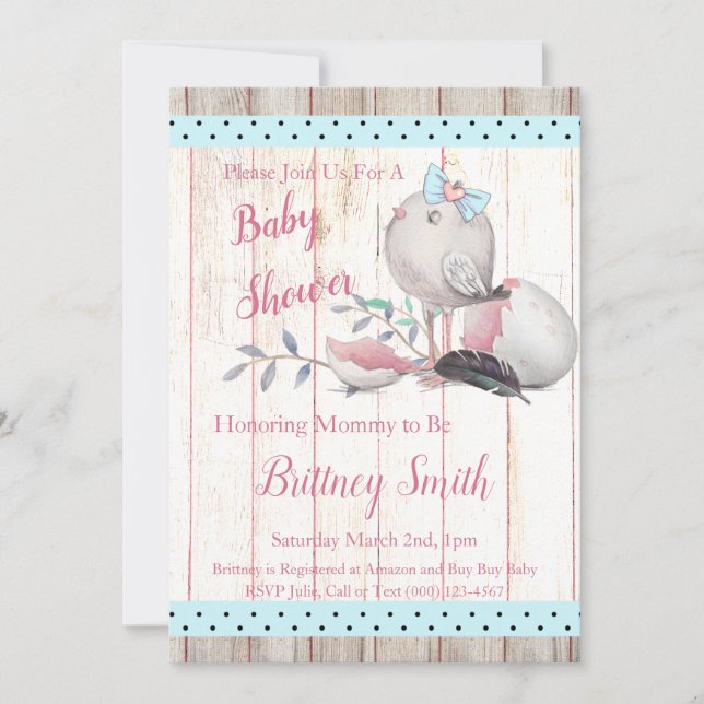 Bébé Oiseau, Invitation à une fête de Baby Shower (Devant)