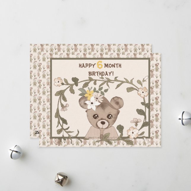 Bébé ours demi-année Carte d'anniversaire garçon o (Devant/Arrière en situation)