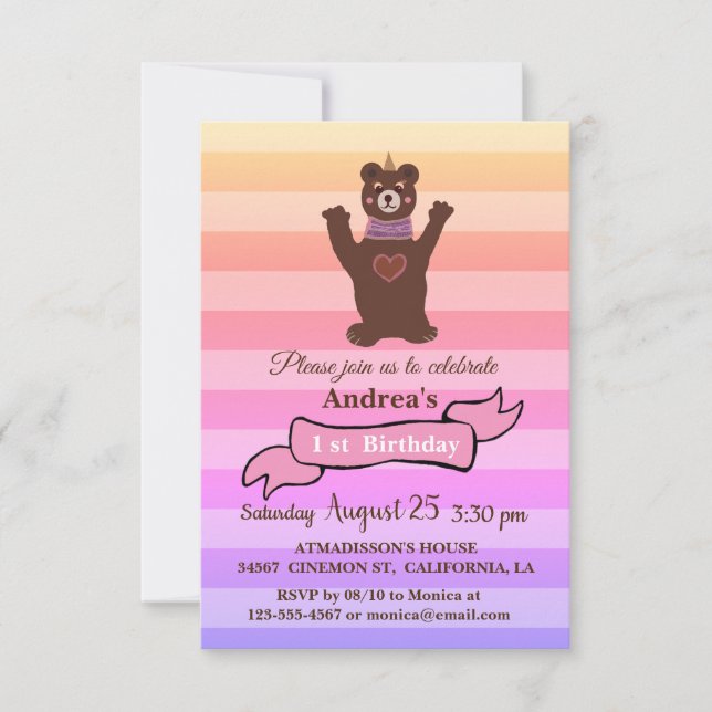 Bébé Ours Fille d'anniversaire Invitation (Devant)