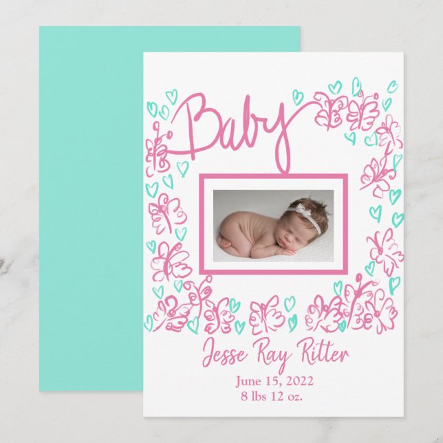 Bébé Papillons roses Aqua Hearts Faire-part (Devant / Derrière)