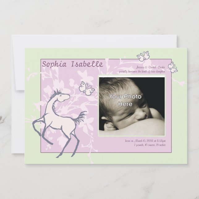 Bébé Pony et papillons Faire-part de naissance fil (Devant)