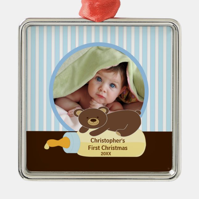 Bébé premier ornement photo de Noël Bear Bottle (Devant)