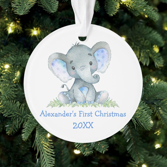 Bébé Première aquarelle de Noël Blue Elephant (Customize with name and year.)
