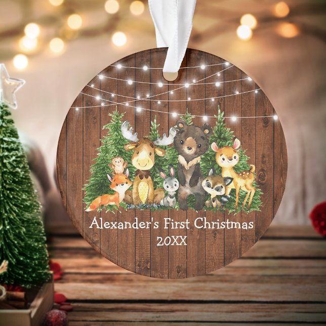 Bébé Première Forêt de Noël Animaux Lumières Rusti (Customize with name and year.)