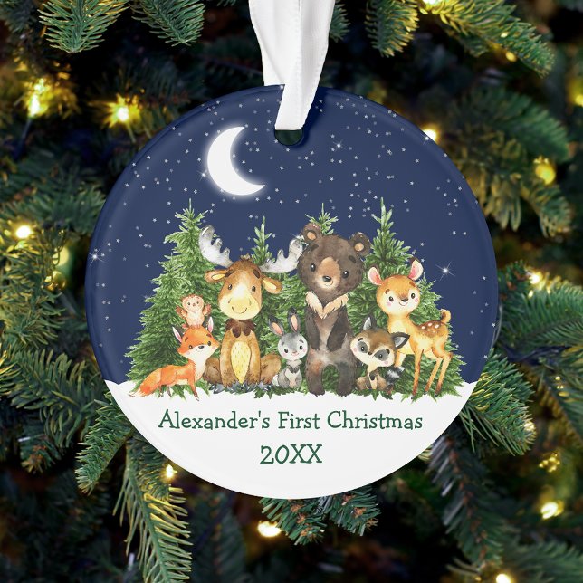 Bébé Première Noël Aquarelle Forêt Animaux (Customize with name and year.)