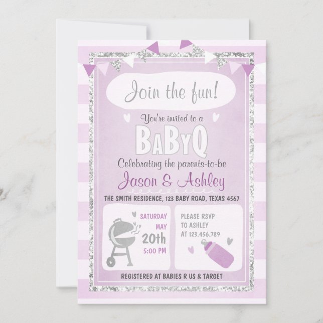 Bébé Q invitation Coed BBQ Baby shower Purple (Devant)