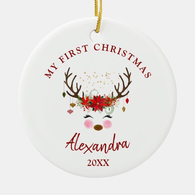 Bébé Reindeer mignonne 1er ornement de Noël (Devant)