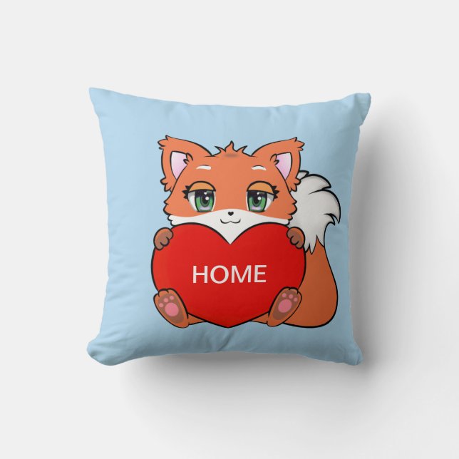 Bébé renard mignon sur un coussin à jeter bleu cla (Recto)