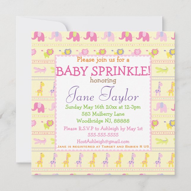 Bébé rose Animaux Bébé Saupoudrer Invitations (Devant)