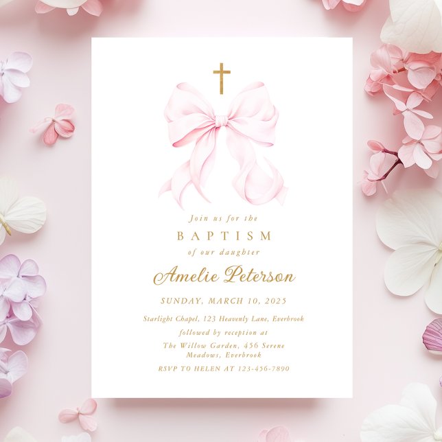 Bébé Rose Bow Girl Baptism Invitation (Créateur téléchargé)