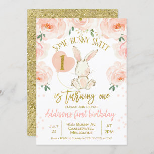 Bébé rose doré floral 1er anniversaire Invitation