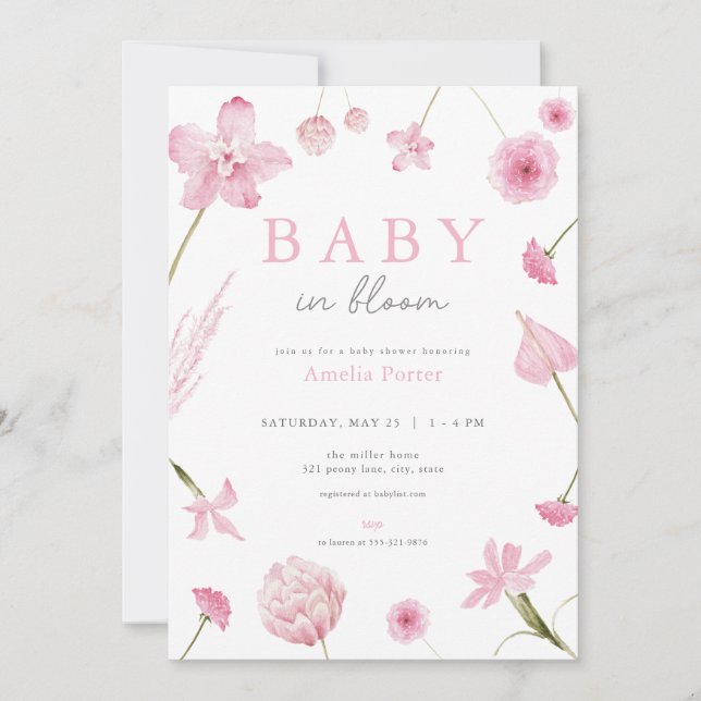 Bébé rose en fleur Baby shower Invitation (Devant)