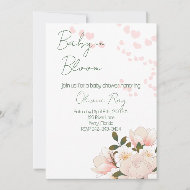 Bébé rose en fleur Baby shower Invitation (Devant)