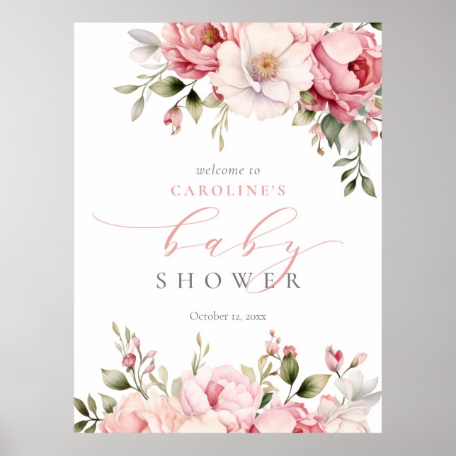 Bébé rose En Fleur Fille Baby shower Affiche de bi (Devant)