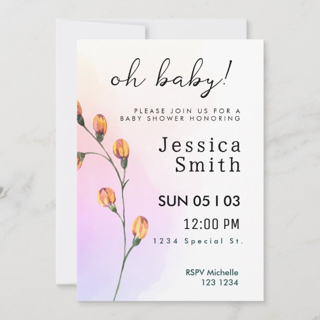 Bébé rose en fleur Invitation Baby shower (Devant)