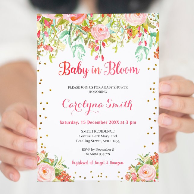 Bébé rose et or en fleur Baby shower Invitation (Créateur téléchargé)