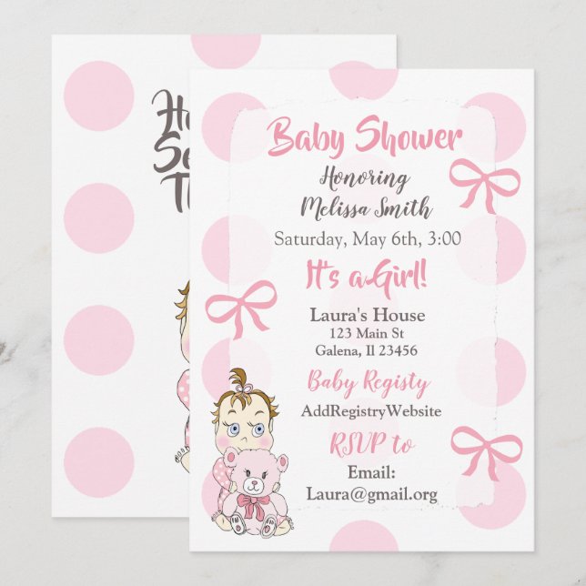 Bébé rose fille avec Teddy Bear Shower Invitation (Devant / Derrière)