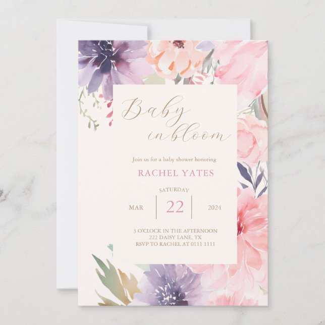 Bébé rose floral en fleur Baby shower Invitation (Devant)
