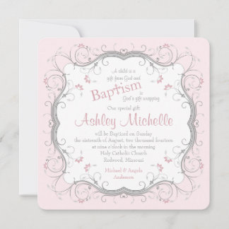 Bébé rose Gris Parchemin Floral Baptême Invitation
