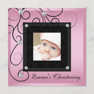 Bébé rose noir fille photo Christening Invitations