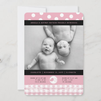 Bébé rose Oiseaux dentelle Twin Girls Faire-part d