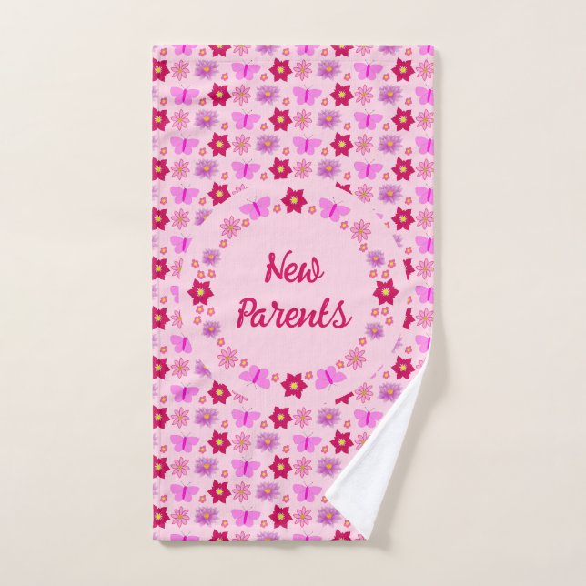 Bébé rose Papillons et fleurs personnalisés (Serviette à main)