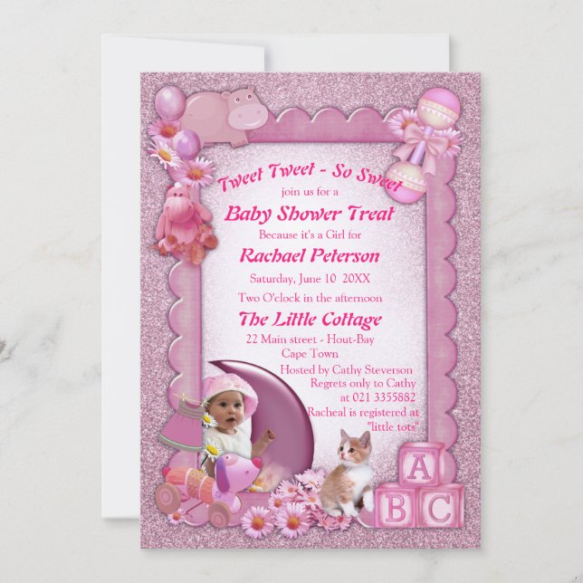 Bébé rose rose Douche Tweets Invitation (Devant)
