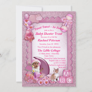 Bébé rose rose Douche Tweets Invitation