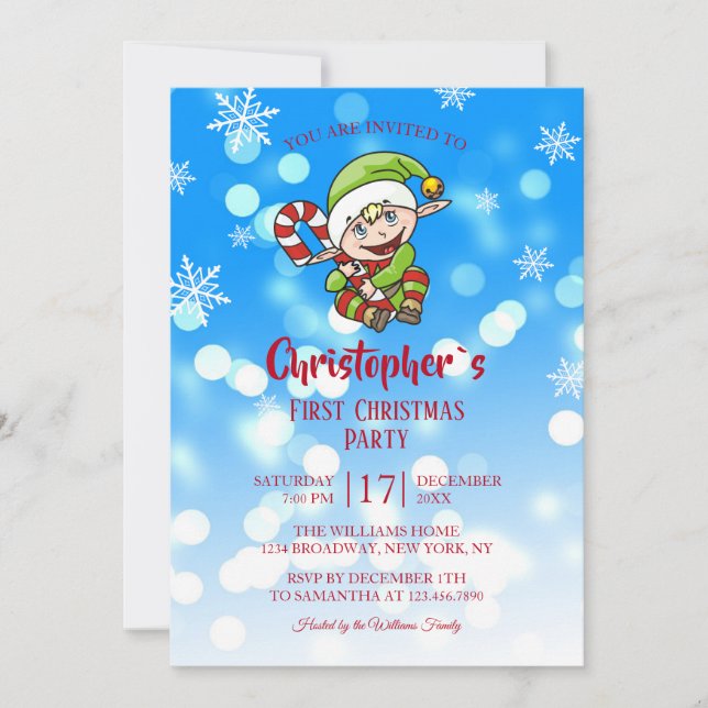 Bébé`s First Christmas Party Elf Candy Invitation (Devant)