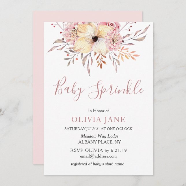 Bébé Saupoudrer Baby shower Floral Invitation rose (Devant / Derrière)