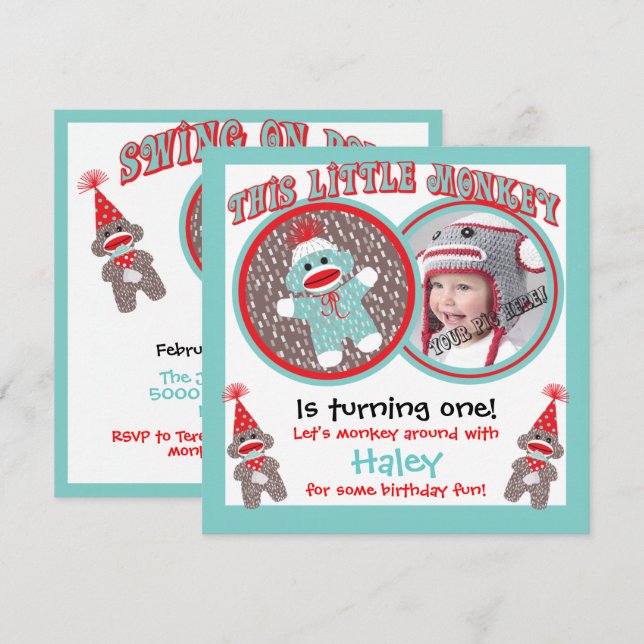 Bébé Sock Singe Anniversaire Fête Invitations (Devant / Derrière)