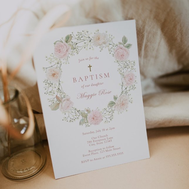 Bébé souffle Fleurs et Rose Baptême Invitation (Créateur téléchargé)