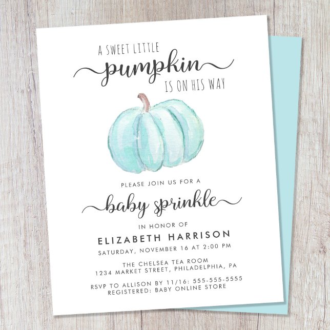 Bébé Sprinkle Citrouille Aquarelle bleue Invitatio (Celebrate the upcoming arrival of your little autumn baby boy with a pumpkin-themed baby sprinkle)