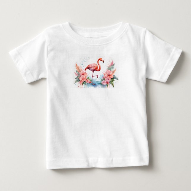 Bébé T-Shirt avec flamant rose et fleurs pour fille. (Devant)