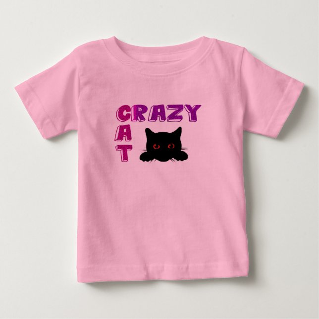 Bébé T-shirt rose "Crazy Cat" pour enfants. (Devant)