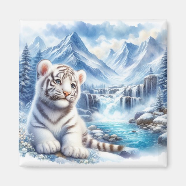 Bébé tigre blanc aimant frigo, tigre de neige (Devant)