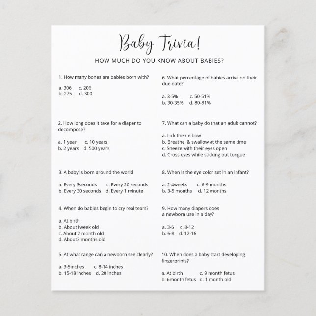 Bébé Trivia | Jeu Baby shower (Devant)