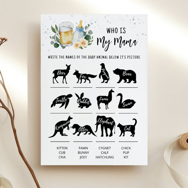 Bébé verdure mijote Qui est ma maman Carte de jeu (Beer and Floral Baby is Brewing Baby Shower Who is my Mama Game Card)