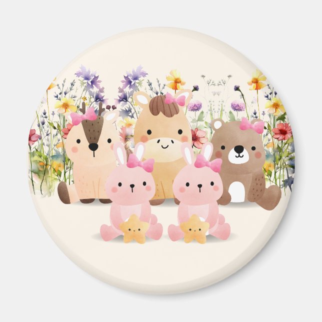 Bébés Animaux Et Champ De Fleurs Sauvages Magnet (Devant)