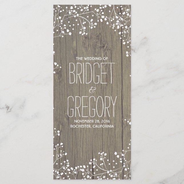 Bébé's Breath Rustic Wood Wedding Programmes (Devant)