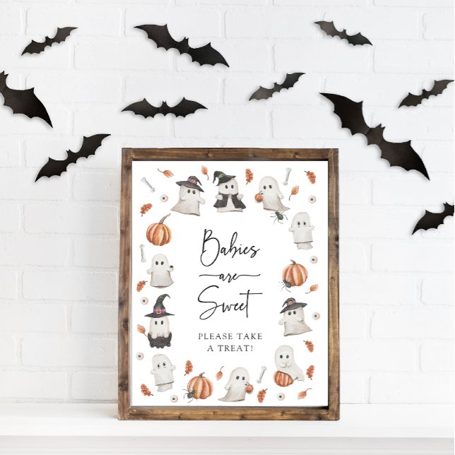 Bébés d'Halloween Sont Mignons Affiche (Babies Are Sweet Please Take A Treat Halloween Baby Shower Sign A Little Boo Is Almost Due)