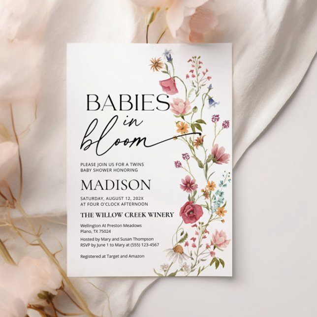 Bébés en fleur | Invitation Baby shower Twins (babies in bloom invitation with colorful flowers and wildflowers)