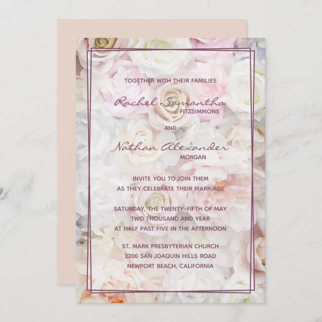 Bed of Pale Rose Wedding Invitations (Devant / Derrière)