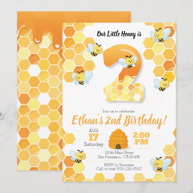 Bee anniversaire, Bee Invitation pour le 2e annive (Devant / Derrière)