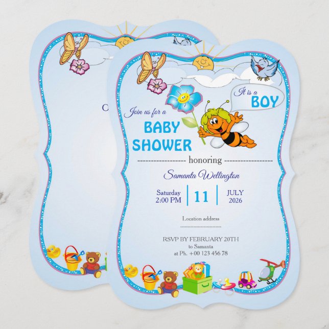 Bee Baby Shower Invitation for boy (Devant / Derrière)